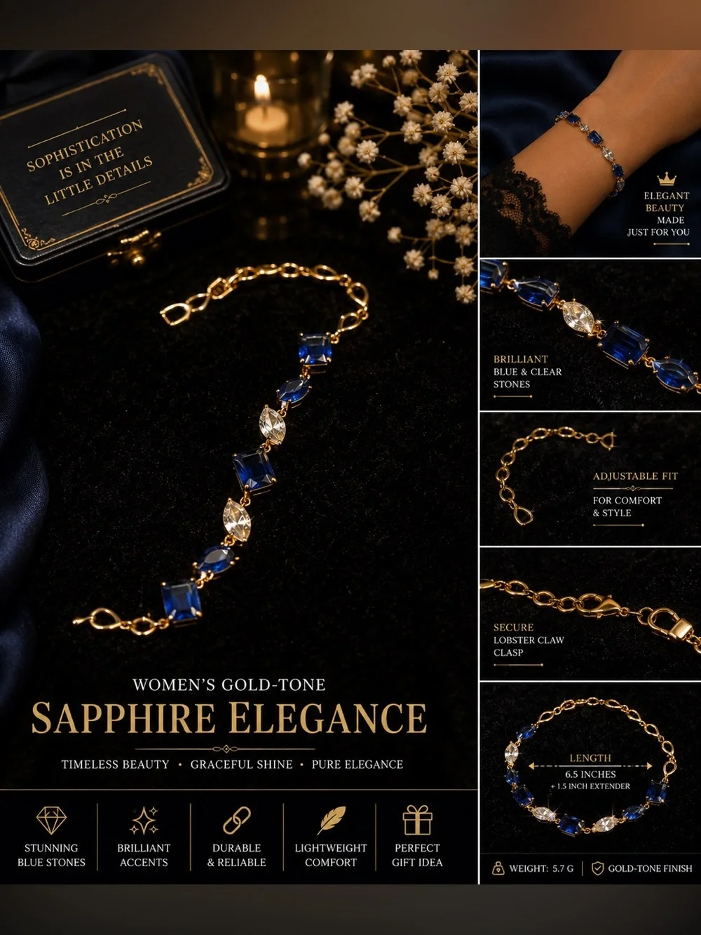 Sapphire Elegance Women's Laminated Gold-Tone Bracelet - Blue & Clear Stones